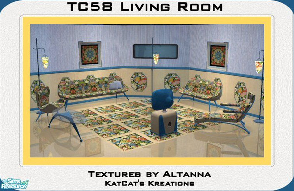 Sims 2 — TC58 Living Room by KatCat — Recolor of Maxis objects using TC58 from the Texture Challenge. Wallpaper and two