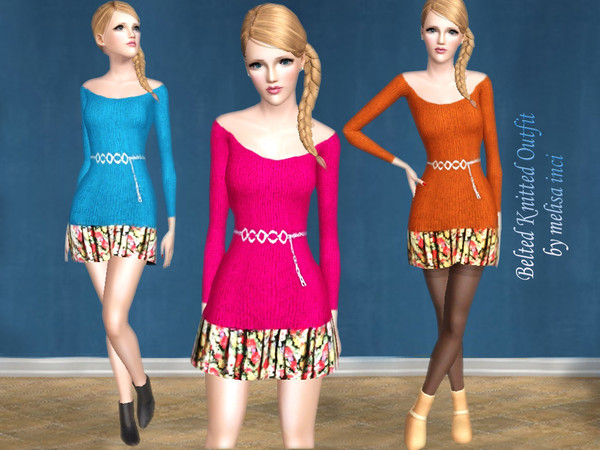 Sims 3 — Belted Knitted Outfit  by melisa_inci — Off-shoulder and long sleeves knit sweater with floral skirt.Silver and