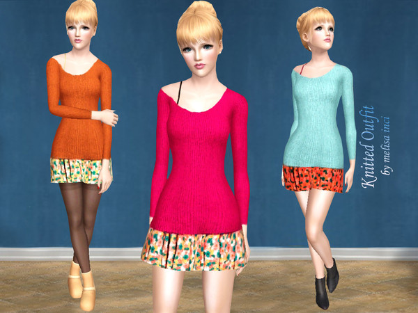 Sims 3 — Knitted Outfit  by melisa_inci — One Strap off the shoulder knit sweater with floral printed skirt.Long Sleeves.