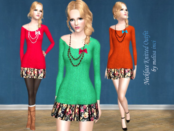 Sims 3 — Necklace Knitted Outfit by melisa_inci — Off Shoulder Knit Sweater with Bow and bead detailed necklace and