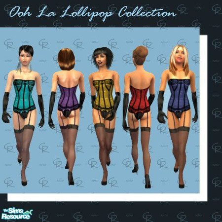 Sims 2 — Ooh La Lollipop Collection by Candyrain — A set of 5 French inspired corsets with gloves, thigh high stockings