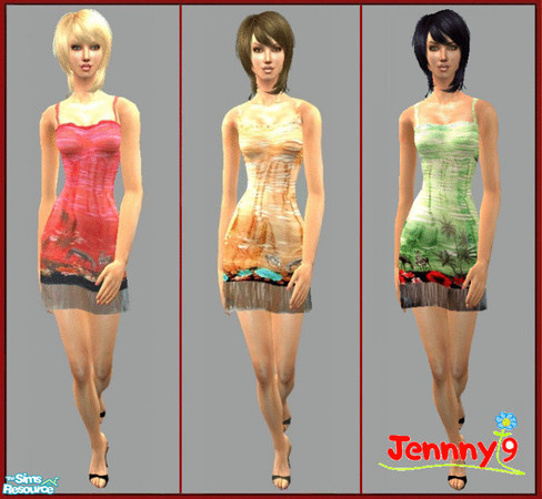 Sims 2 — Jungle Dresses by Jennny9 — A set of 3 dresses in red, orange and green with patterns of zebras, palm trees and