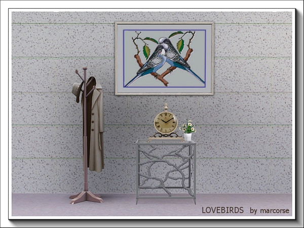 Sims 3 — Love Birds_marcorse by marcorse — A pair of blue budgerigars [Love Birds] resting on a leafy branch. The frame