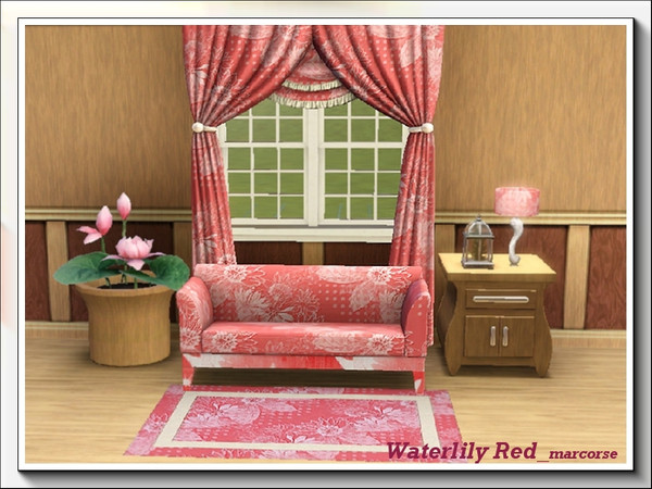 Sims 3 — Waterlily Red_marcorse by marcorse — Stylised waterlily flowers in a diagonal repeat design. 3 channels