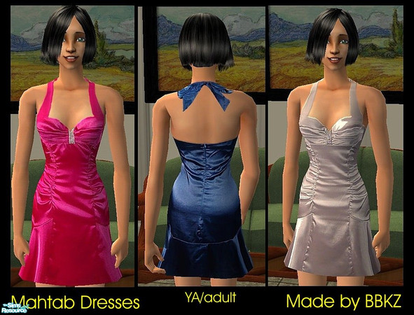 Sims 2 — Mahtab Dresses by BBKZ — Satin tie behind halter dress with padded bodice. Pleated center bust with rhinestone