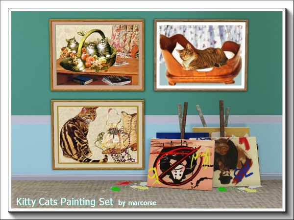 Sims 3 — Kitty Capers Paintings_marcorse by marcorse — A set of three paintings featuring tabby cats and kittens. All