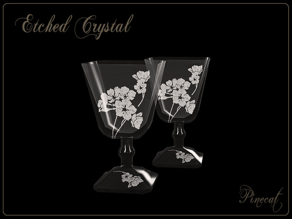Sims 3 — Etched Crystal Sherry Glasses by Pinecat — Etched Crystal by Pinecat for TSR. Glass has two recolorable parts,