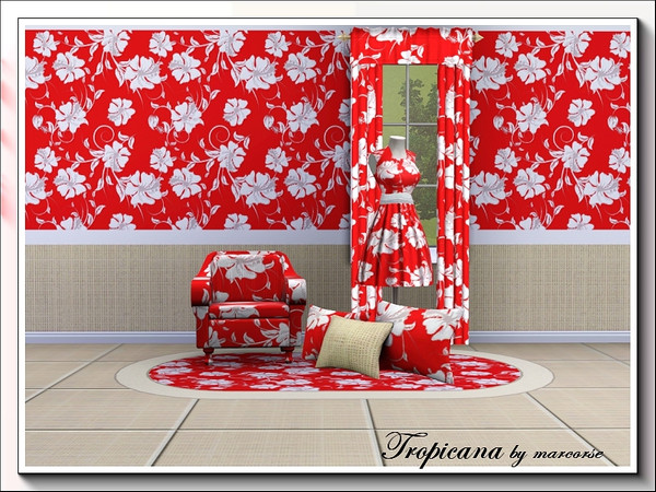 Sims 3 — Tropicana_marcorse by marcorse — A striking red and white Hawaiian hibiscus print Fabric. 3 recolourable