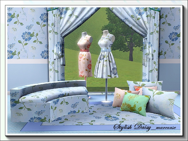 Sims 3 — Stylish Daisy_marcorse by marcorse — A random repeat design of daisy flowers and leaves in soft blue and olive.3