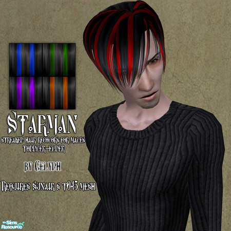 Sims 2 — Starman - Streaked Hair Recolors by gelydh — Set of five vivid streaked hair recolors on black. Available for