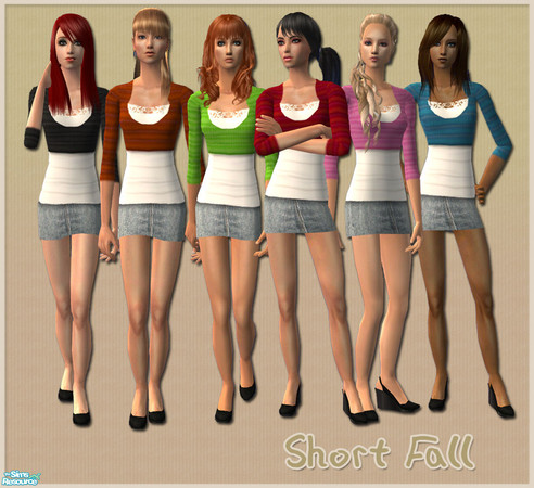 Sims 2 — Short Fall by zvaella — Six fashion outfit for women; denim skirt, white tee with striped top. Great mesh by