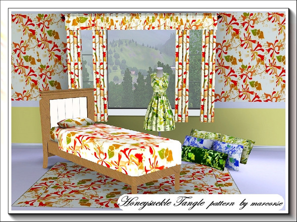 Sims 3 — Honeysuckle Tangle_marcorse by marcorse — A tangled pattern of honeysuckle flowers, vines and leaves. 3 palettes
