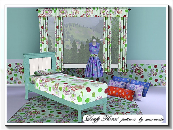 Sims 3 — Leafy Floral_marcorse by marcorse — Falling leaves in brown and green, with stylised flowers in an allover retro