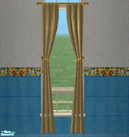 Sims 2 — TC58 Tranquil Bath - Curtain by Riverwillows — Pretty yellow textured curtains, with golden tiebacks. Part of