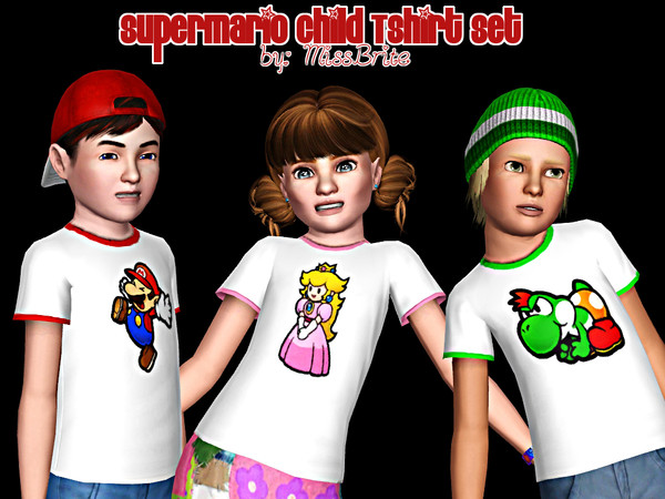 Sims 3 — (MissBrite) Child Mario Shirt Set by MissBrite4202 — A Re-Colorable Super Mario Tshirt Set for both Girls and