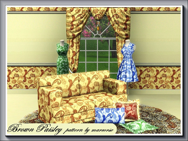 Sims 3 — Brown Paisley_marcorse by marcorse — Traditional feather paisley in shades of brown and gold. 3 palettes