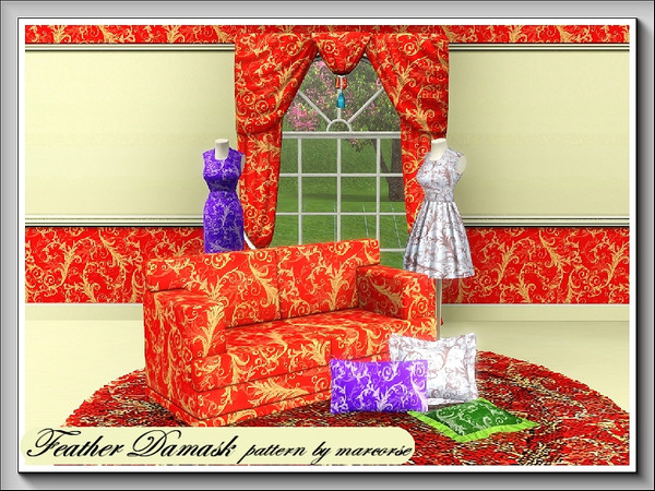 Sims 3 — Feather Damask_marcorse by marcorse — A classic feather damask Fabric in bright red and gold. 3 palettes