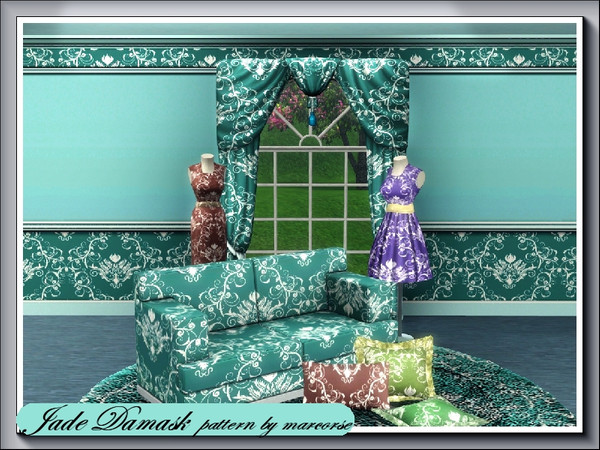 Sims 3 — Jade Damask_marcorse by marcorse — A classic damask Fabric pattern in deep jade and white. 3 palettes recolour