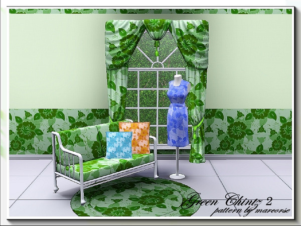 Sims 3 — Green Chintz2_marcorse by marcorse — Retro chintz Fabric pattern in monochrome green. 3 palettes recolour