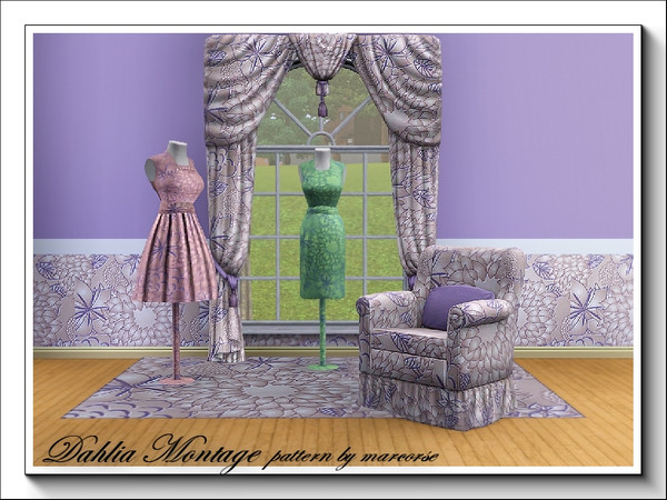 Sims 3 — Dahlia Montage_marcorse by marcorse — Large and small dahlia flowers in a muted Fabric pattern in lavender/grey.