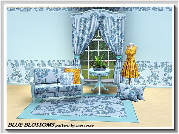 Sims 3 — Blue Blossoms_marcorse by marcorse — Blossom sprays in a random repeat design in blue on blue. 2 palettes