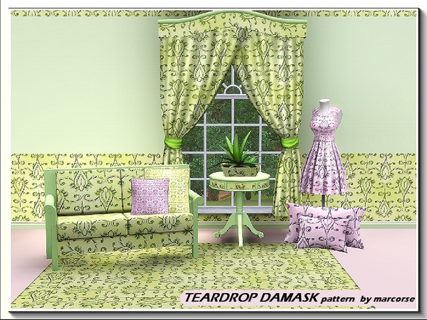 Sims 3 — Teardrop Damask_marcorse by marcorse — A traditional teardrop damask in muted yellowgreen. 3 palettes recolour