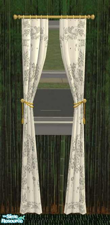 Sims 2 — Panda Bedroom - Panda Curtains by Riverwillows — Beautiful white curtains with gold tie-backs and patterned with