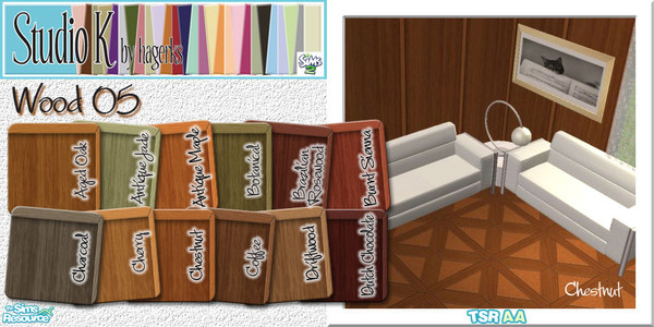 Sims 2 — Studio K Wood 05_01 by StudioKhagerks — 1-12 of 36 colors. Can be found under Paneling and can be purchased for