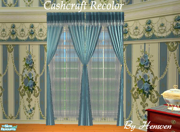 Sims 2 — Rose Cherry Curtain Recolor by Henwen — Recolor of Cashcraft\'s \"Roselynde\" curtain in blue with a