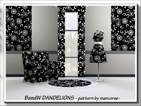 Sims 3 — BandW Dandelions_marcorse by marcorse — White dandelions and leaf flourishes on a black ground. Found in Themed.