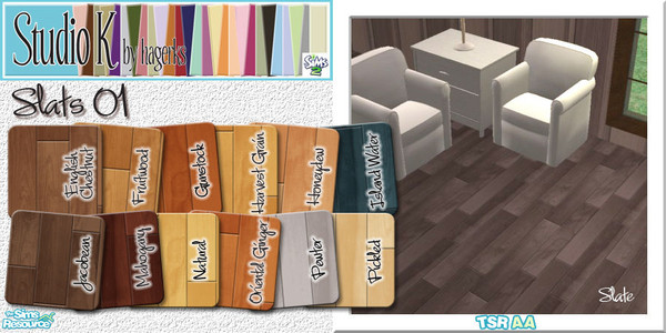 Sims 2 — Studio K Wood Slats 01_02 by StudioKhagerks — 13-24 of 36 colors. Can be found under Wood and can be purchased