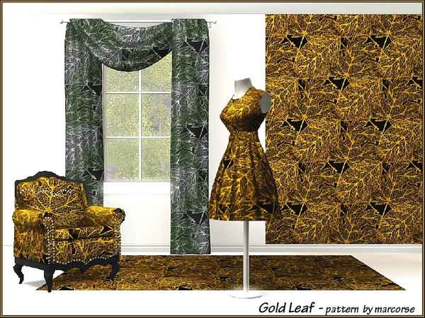 Sims 3 — Gold Leaf_marcorse by marcorse — Skeletonised leaves in a gold on black Themed pattern.