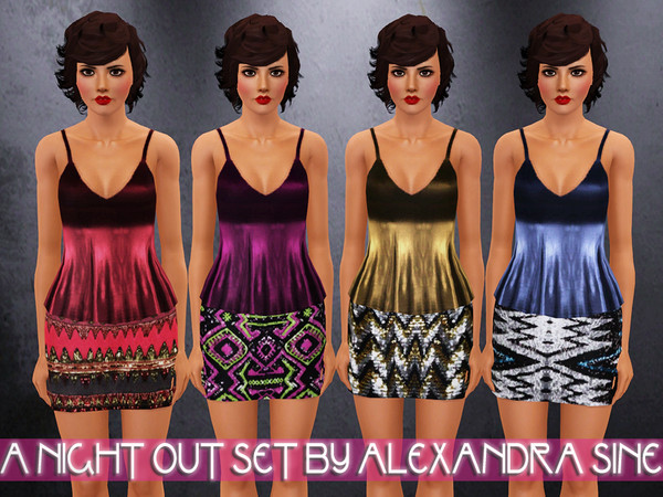 Sims 3 — A Night Out Set by Alexandra_Sine — This set consists of 1 wet look top and 1 Sequinned Skirt, great for any