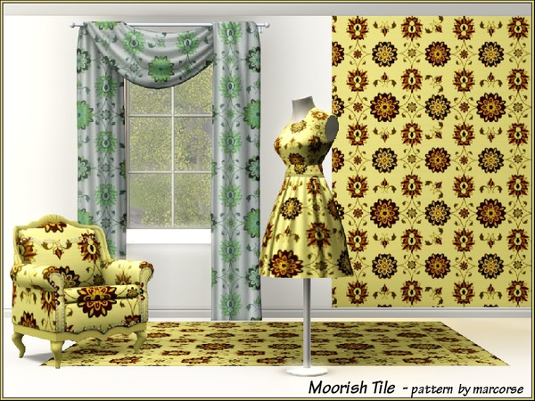 Sims 3 — Moorish Tile_marcorse by marcorse — Yellow and brown tile in a Moorish-style floral design.