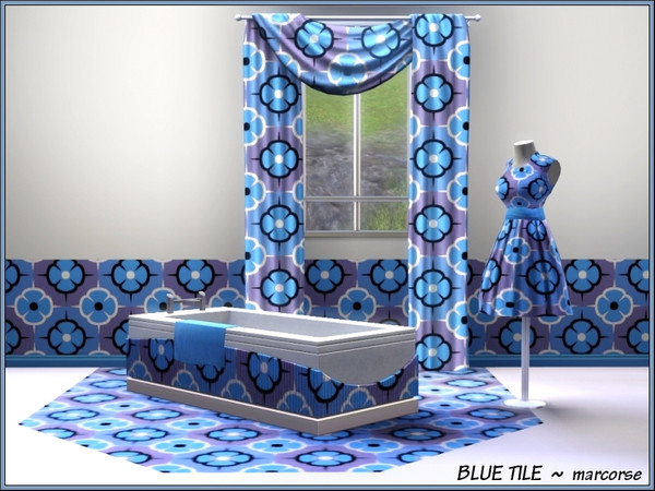 Sims 3 — BlueTile_marcorse by marcorse — Blue floral shapes, edged in white or black, in a tiled pattern.