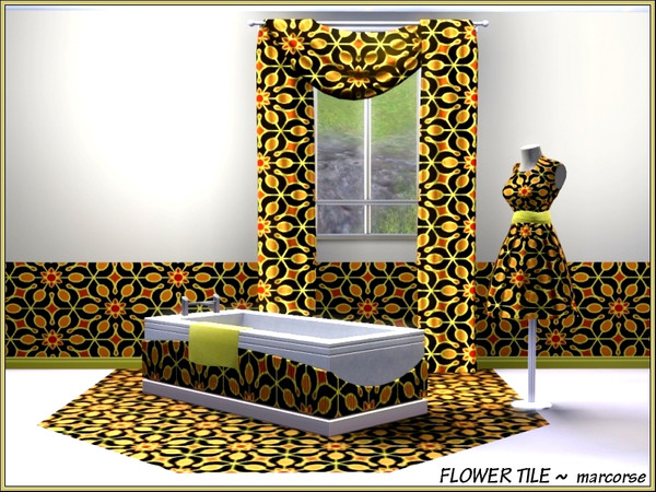 Sims 3 — Flower Tile_marcorse by marcorse — An eye-catching, bold floral tile in red/orange, yellow and black.