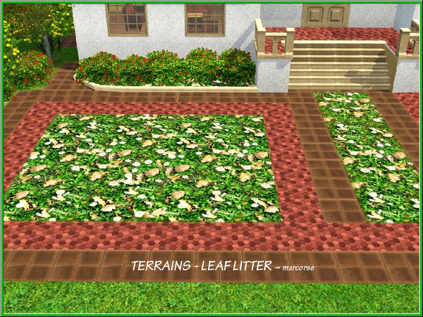 Sims 3 — Leaf Litter_marcorse by marcorse — Dead leaves littering a lawn dotted with English Daisy [lawn daisy], terrain