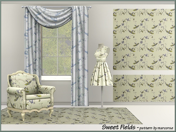 Sims 3 — Sweet Fields_marcorse by marcorse — A field of yellow and blue wildflowers in a delicate Floral pattern.