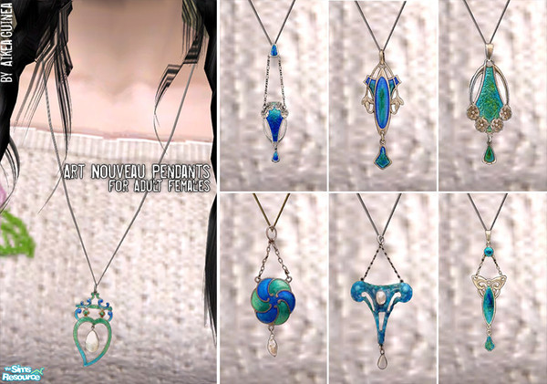 Sims 2 — Art Nouveau Enamel Necklaces for Females by aikea_guinea — Set of seven Art Nouveau style necklaces for adult