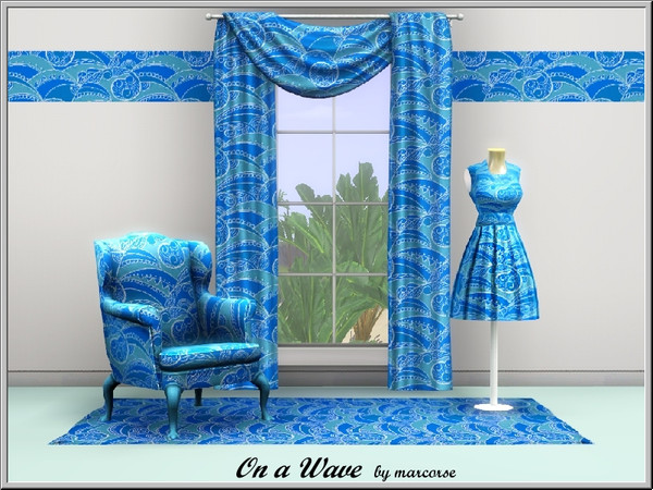 Sims 3 — On a Wave_marcorse by marcorse — Abstract pattern: blue abstract motifs in an ocean wave design. 2 palettes