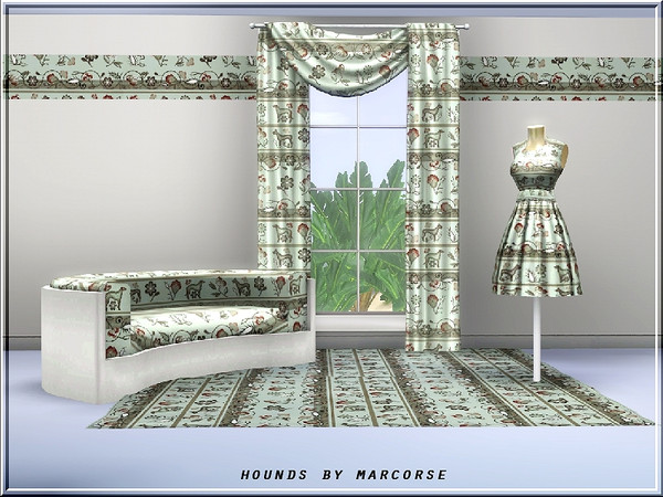 Sims 3 — Hounds_marcorse by marcorse — A vintage, decorative panel featuring hunting dogs and floral elements. 3 palettes