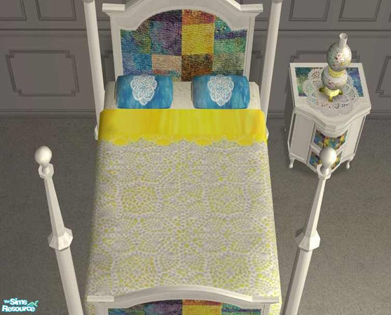 Sims 2 — Rainbow Batik Bedroom - Bedding by Riverwillows — Lovely yellow batik bedding covered with genuine crochet