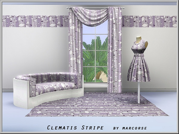Sims 3 — Clematis Stripe_marcorse by marcorse — Fabric pattern: stylised clematis on striped background