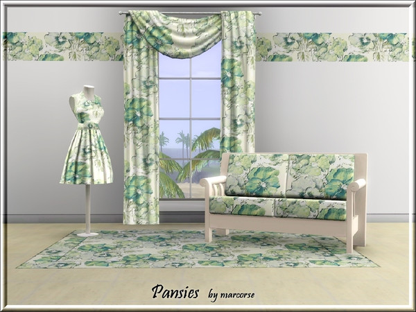 Sims 3 — Pansies_marcorse by marcorse — Fabric pattern: pansy posies in green/blue and yellow