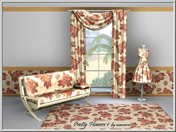Sims 3 — Pretty Flowers1_marcorse by marcorse — Fabric pattern: floral posies in red/brown and cream.
