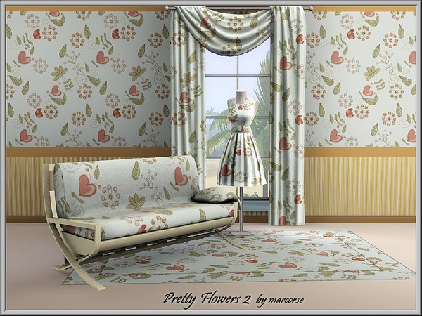 Sims 3 — Pretty Flowers 2_marcorse by marcorse — Fabric pattern: flowers leaves and hearts in a random design.