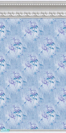 Sims 2 — Repose Living Wallpaper by Riverwillows — Pretty blue floral wallpaper and white wainscot. Part of the Repose