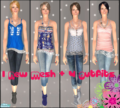 Sims 2 — Melis by simal10 — Four lovely outfits with alpha lace skirts, 3D necklaces and bangles. More recolors are