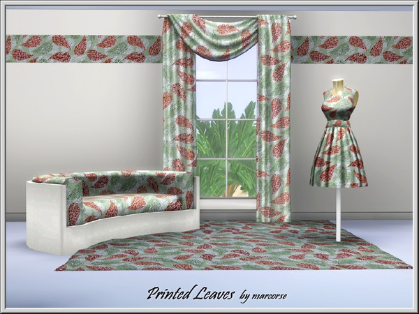 Sims 3 — Printed Leaves_marcorse by marcorse — Printed leaf shapes in red, green and white on a paler green. 3 palettes