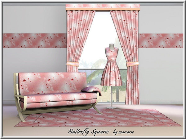 Sims 3 — Butterfly Squares_marcorse by marcorse — Themed pattern: butterflies and flowers on pink lattice background